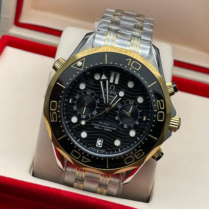 Reloj Omega Seamaster, reloj de lujo, diseño deportivo, bicolor, acero, oro, cronógrafo