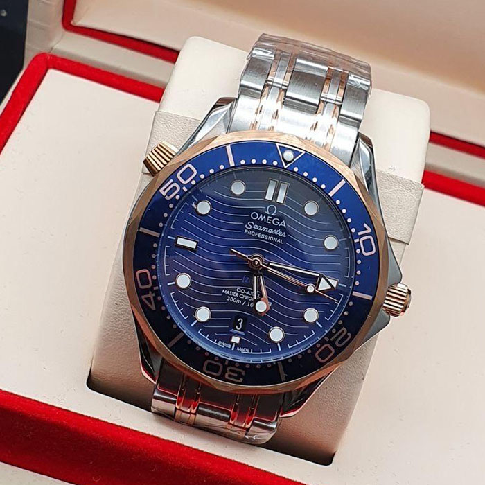Reloj Omega Seamaster, reloj de lujo, diseño bicolor, esfera azul, sumergible