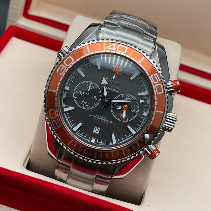 Reloj Omega Seamaster, reloj de lujo, diseño deportivo, cronógrafo, naranja, acero